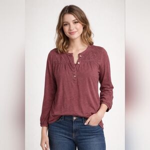 Lucky Brand Burgandy Embroidered Peasant Top Longsleeve Blouse Size Xsmall